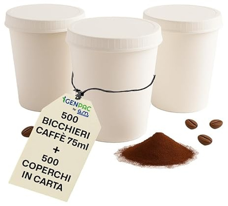 GM - 500 Bicchieri in Carta Bianchi Bio Compostabile 75 ml con Coperchi in Carta – Riutilizzabili, Ecologici – Ideali per Caffè e Bevande Calde – Perfetti per Bar, Uffici e Take Away