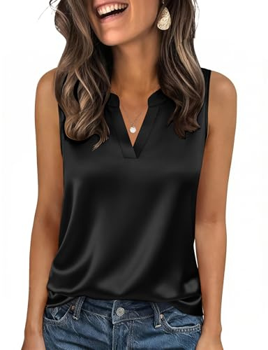 Zeagoo Damlinne, linne, elegant, v-ringad, sidentopp, sommar, ärmlösa linne, basic, camisole, ledig, satinblus, S-XXL