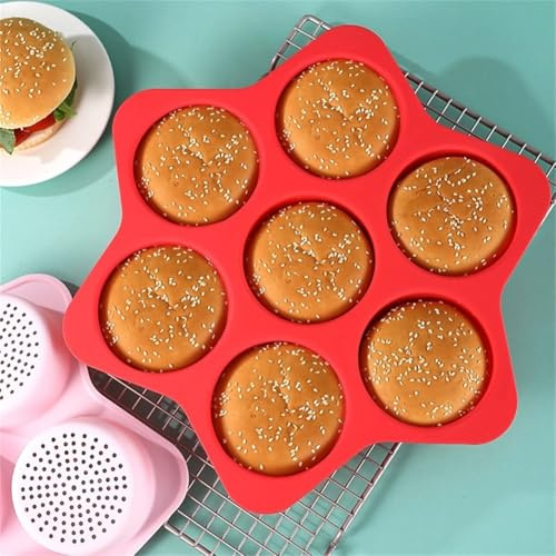 FUBESK Moule à pain à hamburger en silicone 7 cavités pour hamburgers, gâteaux, muffins et œufs, moule anti-adhésif de 10 cm de profondeur, passe au lave-vaisselle, gris/rouge/rose