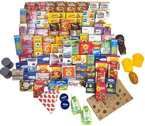TikTakToo Kinderkaufladen Zubehör Set – 95 Teile – Miniatur Lebensmittel & Verpackungen – Einkaufstüten & Shoppingcards – Kaufladen Ergänzungsset für Kinder