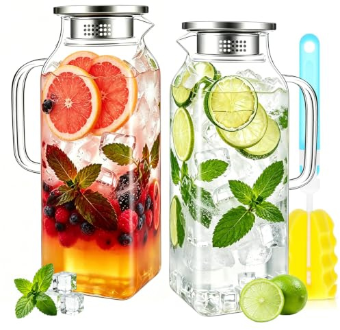 Litrue 2L Glass Water Jug for Fridge 2 Pack Square Water Jugs with Lids Pitcher Carafe for Hot/Cold Drinks, Iced Tea, Juice, Milk for Home & Kitchen