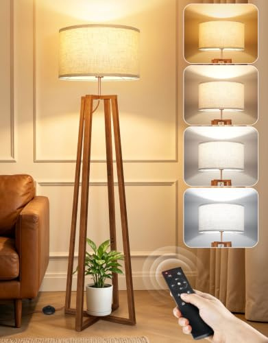 OUTON Tripod Stehlampe Holz mit Fernbedienung, Wohnzimmer, Braun | Stufenlos dimmbar, 1100LM LED, Leinen Lampenschirm, Massivholz, 5 Lichtmodi, Smart-Bulb kompatibel