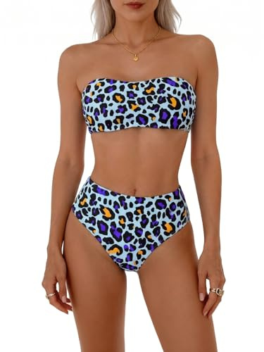 Women's Strapless Bandeau Bikini Set with High Waisted Bottoms, Leopard Print Two Piece Swimsuit, Tummy Control Swimwear for Beach Pool Holidays