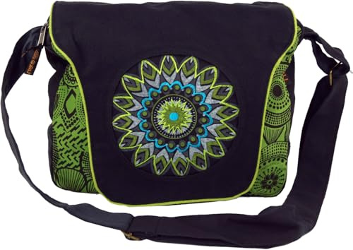 GURU SHOP Schultertasche, Hippie Tasche, Goa Tasche - Schwarz/grün, Unisex - Erwachsene, 22x28x6 cm