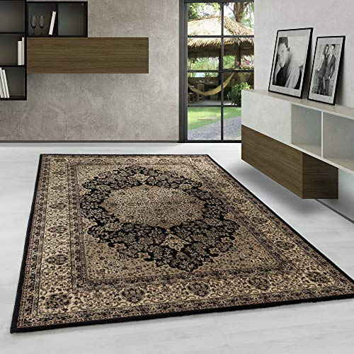 Carpetsale24 Orientteppich schwarz 240x340 cm – Kurzflor Teppich im klassischen Vintage Stil für großes Wohnzimmer, Essbereich, offene Räume – Pflegeleicht, strapazierfähig, dekorative Raumwirkung