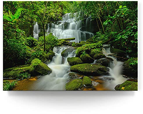 BilderKing Wandbild Wasserfall Regenwald - 120cm x 80cm Leinwand auf Fertigrahmen + Aufhänger