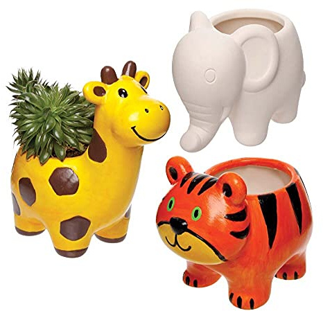Baker Ross FE220 Pots de fleurs animaux de la jungle en céramique - Boite de 3, Loisirs créatifs pour enfants et adultes