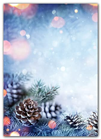 25 Blatt Winter Motivpapier Briefpapier (Weihnachten-5250, DIN A4) wunderschöne Tannzweige im Schnee bei Sonnenschein mit Zapfen