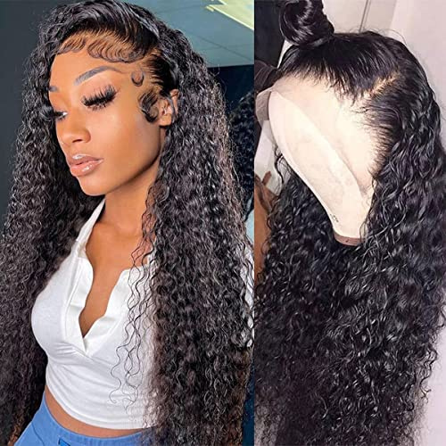 WPPIKK 13x4 Lace Front Wigs Human Hair Pre Plucked 180 Density Brazilian Wet and Wavy Human Hair Wigs for Black Women Glueless Curly Lace Frontal Wig Natural Color (22 Inch)