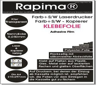 25x DIN A4 transparent glänzend, klar - Glasklar - Druckerfolie, klebend, zum Bedrucken, Wetter + Wasserfest für Laserdrucker Kopierer In + Outdoor