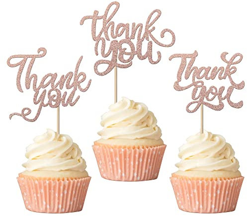Rsstarxi 36 Pack Thank You Cupcake Toppers Glitter Teachers's Day Cupcake Picks for Baby Shower Birthday Anniversary Thanksgiving Day Party Cake Decoration Supplies Rose Gold