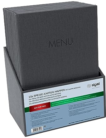 SIGEL Speisekartenmappen A4 mit Gummibindung Anthrazit Set 10 Stück mit Box | SM204, Mit Leinenstruktur, inkl. Aufbewahrungsbox, strapazierfähig und leicht abwischbar