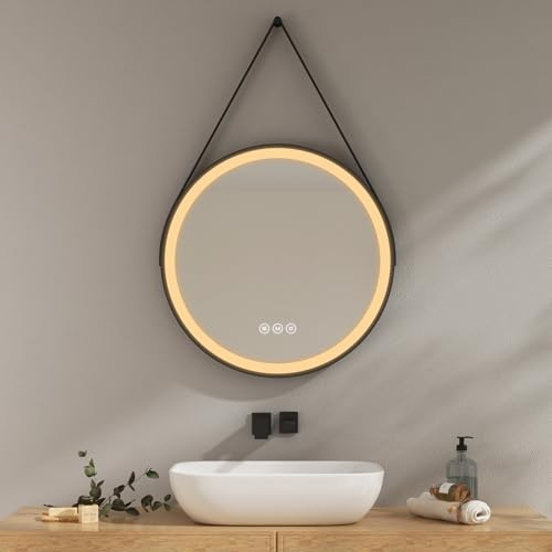 EMKE Runder Badspiegel mit Beleuchtung 60cm, Antibeschlag | Wandspiegel mit 3 Lichtfarbe dimmbar, Speicherfunktion,Touch-Schalter,3 Stunden automatische Abschaltung, Spiegel rund