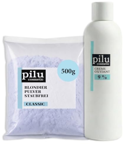 pilu cosmetic Blondierungspulver Set: 500g Blondierpulver im Beutel + 1000ml Creme Oxydant (9%) I Aufheller Blondierung mit Anti-Gelbstich I Wasserstoffperoxid Entwickler