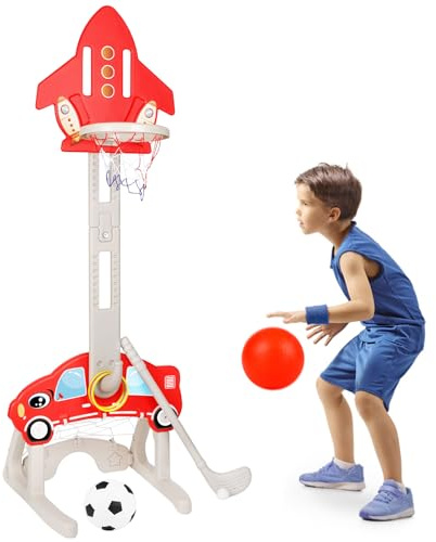 CYFIE Set di cestini da basket per bambini,4 in 1, altezza regolabile,set di canestri da basket con gioco di calcio e golf,giocattolo sportivo per interni ed esterni, per ragazzi e ragazze Rosso