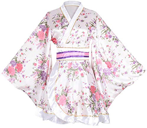 ZNLFS Robe Japonaise Kimono pour Femmes Costume Cosplay Anime Yukata de Danse Peignoir en Soie Déguisement Fantaisie, blanc, Taille unique
