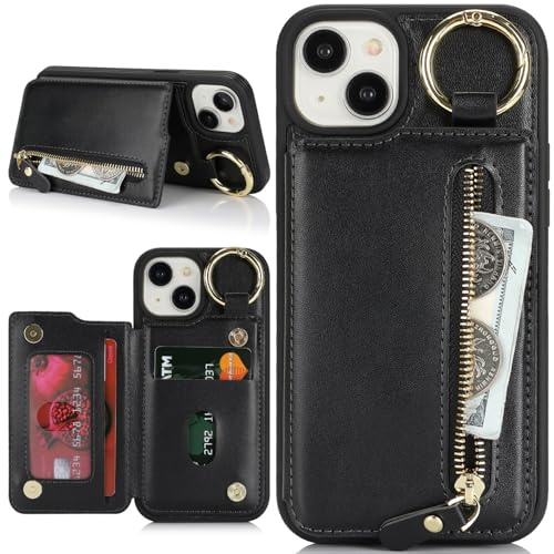 Zouzt Case for iPhone 15 Plus and iPhone 14 Plus 6.7 Inch, Wallet Case with Credit Card Holder Slot, Premium PU Leather Key Ring Zipper Shockproof Protective Phone Cover for Men Women - Black