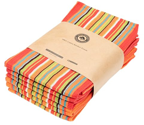 Mexican Kitchen Towels - 100% Cotton Southwest Dish Towels - 6 Pack, 28x16, Reusable, Washable, Quick-Dry, Lint-Free, Red and Orange Colorful Tribal Theme Towels for Festive Feel (Red & Orange)