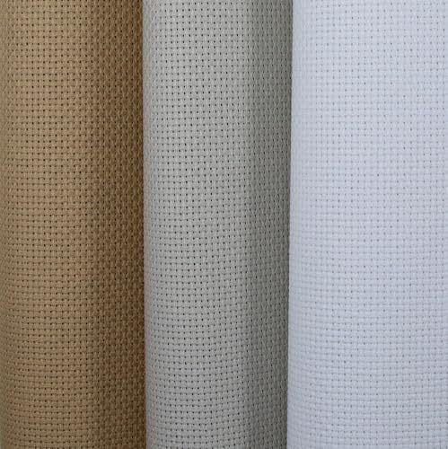 KCS 3 pc of 15 x 18(38cmx45cm) Counted Cross Stitch Cotton Aida Cloth Needlework Rolled Fabric Box,14CT,Khaki+Pearl Grey+White