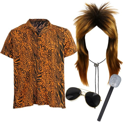 Adults 70s Rock Star Costume - XXX-Large - Tiger Print Shirt, Blonde Mullet Wig, Black Sunglasses, Western Bowtie, Glitter Microphone - Mens 1970s Music Best of British Party Fancy Dress Costume