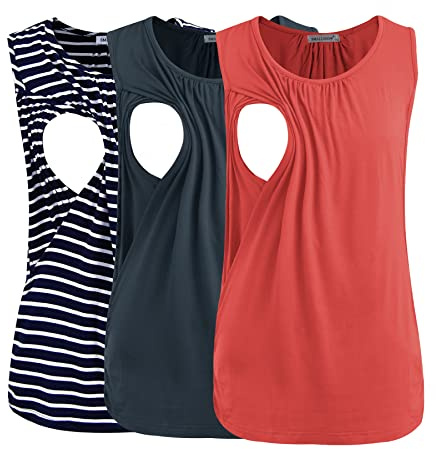 Smallshow kvinnors moderskap omvårdnad toppar ärmlös amning väst kläder 3 Pack,Dark Grey-Orange-Navy Stripe,M