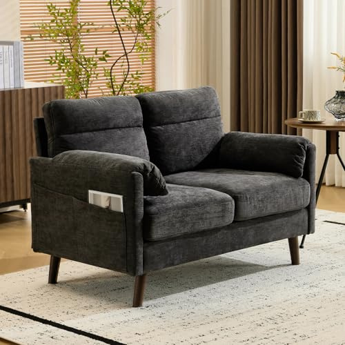 Bonnlo Sofa 2 Sitzer klein, 125cm Couch mini, Kleine Stoffcouch mit weichen Armlehnen, Kleines Sofa für Büro, Wohnzimmer, Schlafzimmer und Arbeitszimmer,Einfache Montage, Leinen (Dunkelgrau)