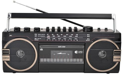 Boombox - Reproductor de CD retro, radio reproductor de casete portátil, grabadora de casete Bluetooth con perillas de ajuste de volumen, radio AM/FM para reuniones familiares y viajes