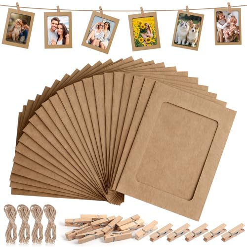 Niuny Marco de Fotos de Papel Kraft 40pcs Marcos de Fotos 6 Pulgadas Marcos de Cartón Guirnalda de Foto con 40 Piezas Clips y Cuerda Colgar Foto con Pinzas Para Hogar Colegio Oficina Pared DIY