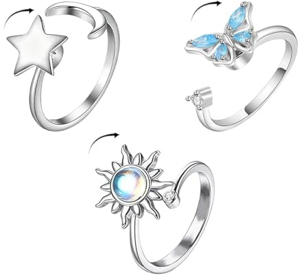 Yuwnd 3 Stück Fidget Ring, Anti Stress Ring, Spinner Ringe Mit Sterne, Sonnenblumen Und Schmetterlinge Dekoration, Für Stressabbau Und Entspannung, Ideal Als Geschenk Für Damen Und Herren