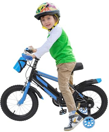 GIDRLL Vélo pour enfant de 14 pouces - Hauteur ajustable - Freestyle BMX pour garçons et filles de 3 à 6 ans - Avec roues stabilisatrices, bouteille d'eau et système de freinage double