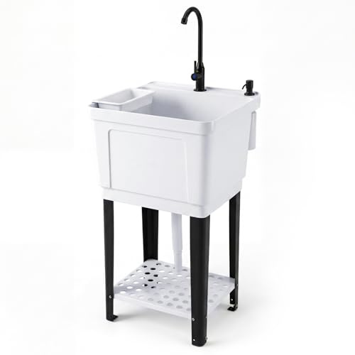 GYMAX Lavandino per Lavanderia, Lavello da Esterno ed Interno con Rubinetto Girevole a 360°, Scolapiatti, Dispenser per Sapone Liquido e Mensola Inferiore per Giardino e Camper, 50,5 x 48 x 120,5 cm