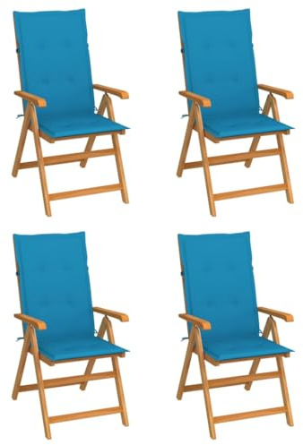 YuuSsea Trädgårdsstolar 4 st med blå kudde i massivt teak, vikbar och justerbar, väderbeständig, bekväm med armstöd och ryggstöd, perfekt för balkong, terrass, utomhus och camping