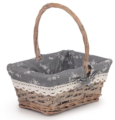 Woodluv Vintage Rectangle Wicker Hamper Storage Basket With Long Handle, Grey