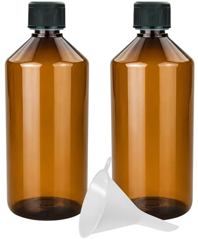 mikken 2 x braune Laborflasche 1000 ml aus Kunststoff (PET), Apothekerflasche, Veralflasche inkl. Einfülltrichter