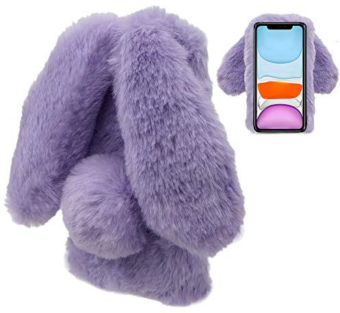 LCHDA für Plüsch Hülle iPhone 11 6.1 Flauschige Hasen Fell Hülle Handyhülle Mädchen Süße Kaninchen Pelz Niedlich Hasenohren Handytasche Schützend Stoßfest TPU Silikonhülle-Lila