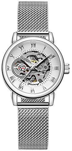 BOLYTE Analoge Automatikuhr für Damen mit Skelettzifferblatt und geflochtenem Edelstahlarmband, Silber und Weiß