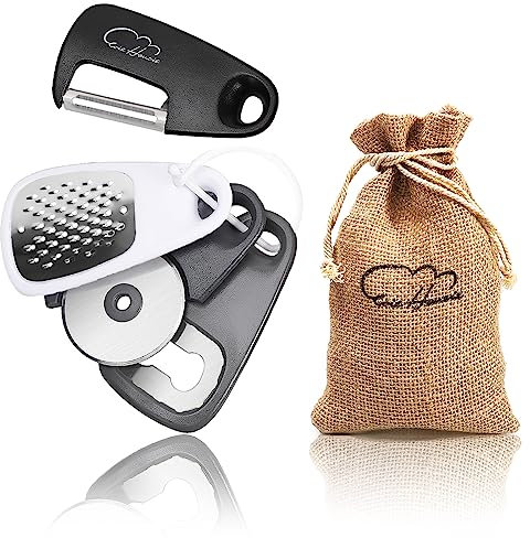 5 Pieces Kitchen Gadgets Set - Space Saving Kitchen Accessories Cheese Chocolate Grater, Fruit Vegetable Peeler, Bottle Opener, Pizza Cutter, Burlap Bags with Drawstring Gift Set……