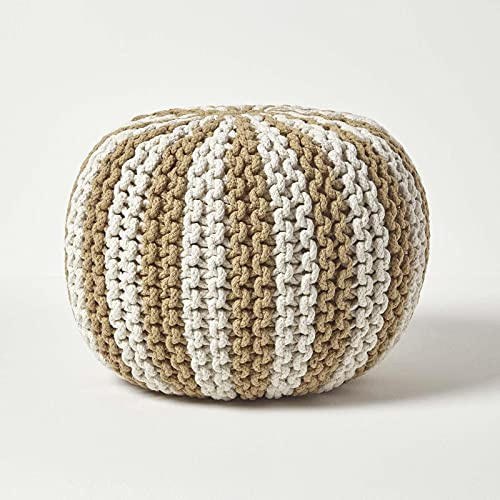 HOMESCAPES Pouf in 100% cotone lavorato a maglia, rotondo, imbottito, a righe, 40 x 35 cm