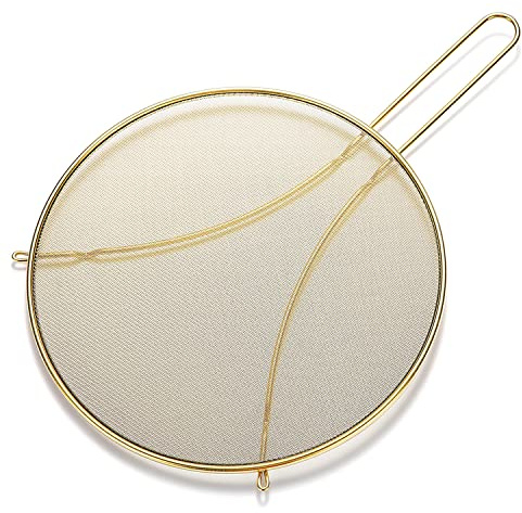 HOMQUEN Gold Spritzschutz zum Kochen 9,8 Zoll, Edelstahl Fettspritzschutz für Bratpfanne, Feinmaschiger Spritzschutz mit Standfüßen, Komfort-Griff, Sicherer Kochdeckel, Halt die Küche Sauber