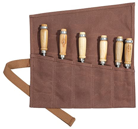 Werkzeugrolltasche mit 6 Einsteckensfächer, Strapazierfähiges 16oz gewachstes Segeltuch, Rolltasche für Stechbeitel, Hämmer, Fishing Jigs, Tranchiermesser (braun)
