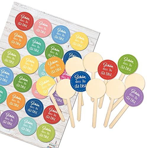 Logbuch-Verlag 12 bunte Kuchenstecker - Holzspieße + Aufkleber SCHÖN, DASS DU DA BIST - Cupcake Topper Muffin Deko für Hochzeit Geburtstag