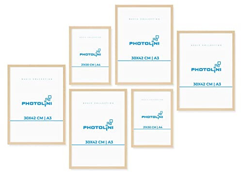 PHOTOLINI Bilderrahmen Set verschiedene Größen, 6 Bilderrahmen Holz MDF Natur, Bilder Rahmen mit Acrylglas, No.8 Bilderrahmenset zum Aufhängen, Fotorahmen Set mit Zubehör für Fotos & Poster