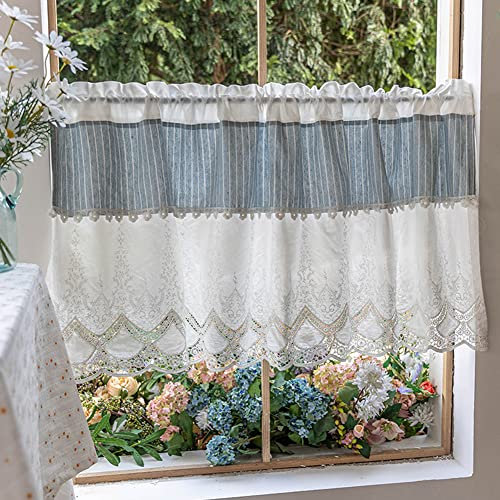 Ricemru Doppelschicht Scheibengardine Landhaus Häkelspizte 50 Streifen Baumwolle Klein Vorhang Häkelborte Bistrogardine Häkelkante Kurz Küche Kurzstore Gardinen Halbegardine,130x50cm