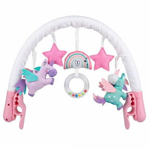 LADIDA Baby-Aktivitätsspielbogen mit Universalbeschlägen für Kinderwagen, Kinderwagen, Buggy, Autositz, geeignet ab der Geburt, rosa Mädchen-Einhorn-Thema 176