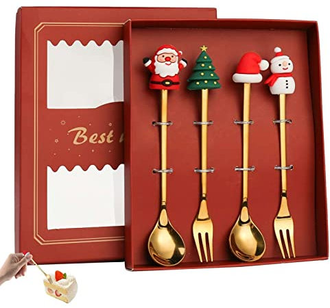 huiba café naviñas | 4 Tenedores café Acero Inoxidable Navidad con Caja Regalo,Helado Sopa Azúcar Postre Cucharillas Mezclar Agitador COC Vajilla, o