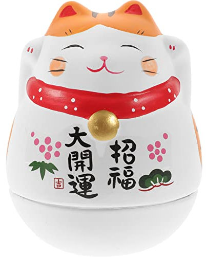 NUOBESTY Glückskatze Tumbler Figurine Japanische Deko Für Zuhause Und Büro Entzückendes Design Mit Orangefarbenen Ohren Tischdekoration Und Geschenkidee