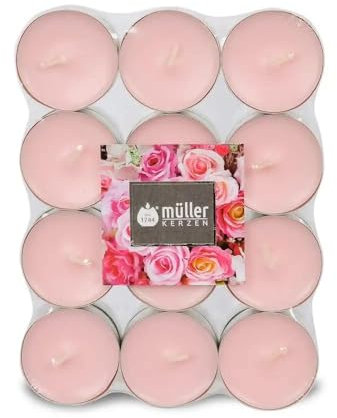 Müller 24 Duft Teelichter – Englische Rose – 4 Stunden Brenndauer – Ø39 mm – Farbe Rosa – Premium English Rose Duftkerzen – Gegossenes Wachs – RAL Qualität