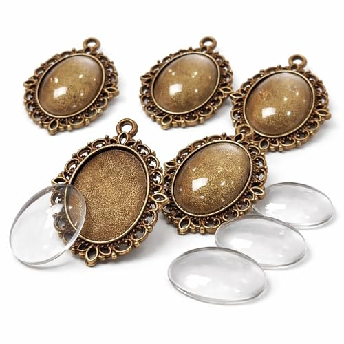 10 Teile 5 Stück Charm Leere Lünette Tablett Medaillons Metall Anhänger Fassungen Schmuck 18 x 13 mm Oval 5 Stück Klar Glas Cabochon Bastelset