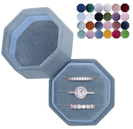 BLUTETE Velvet 3 Slots Jewelry Ring Box Engagement Wedding Box Keepsake Box Bridal Photo Ring Triple Slots Octagon (Ocean Blue)