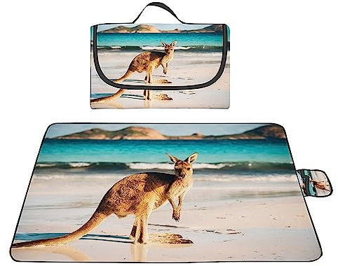 TengYuer Picknickdecke 180x200cm Stranddecke Wasserdicht Sandfrei Isoliert Faltbar Strandmatte mit Tragegriff Outdoor Campingdecke XXL für Camping Parks Strände Picknick Blaues KäNguru